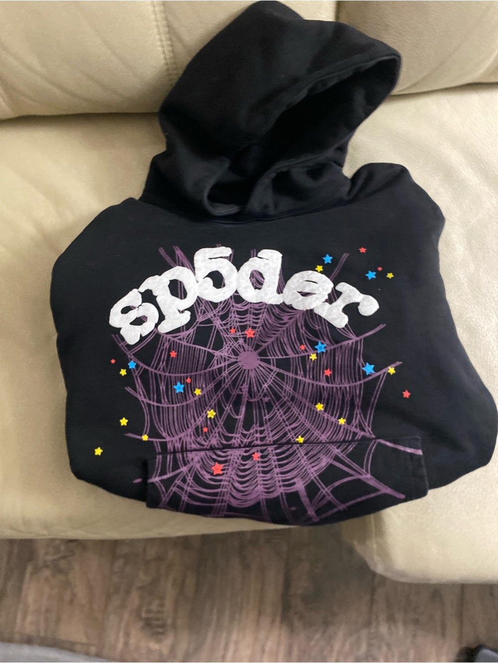 Black 'Spider' Graphic Pullover Hoodie with Purple Web Design